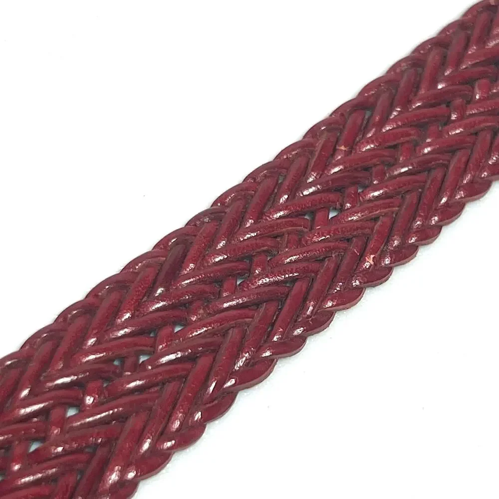 Lands End Leather Braided Skinny Belt Size Small Classic Red Woven Brass Buckle